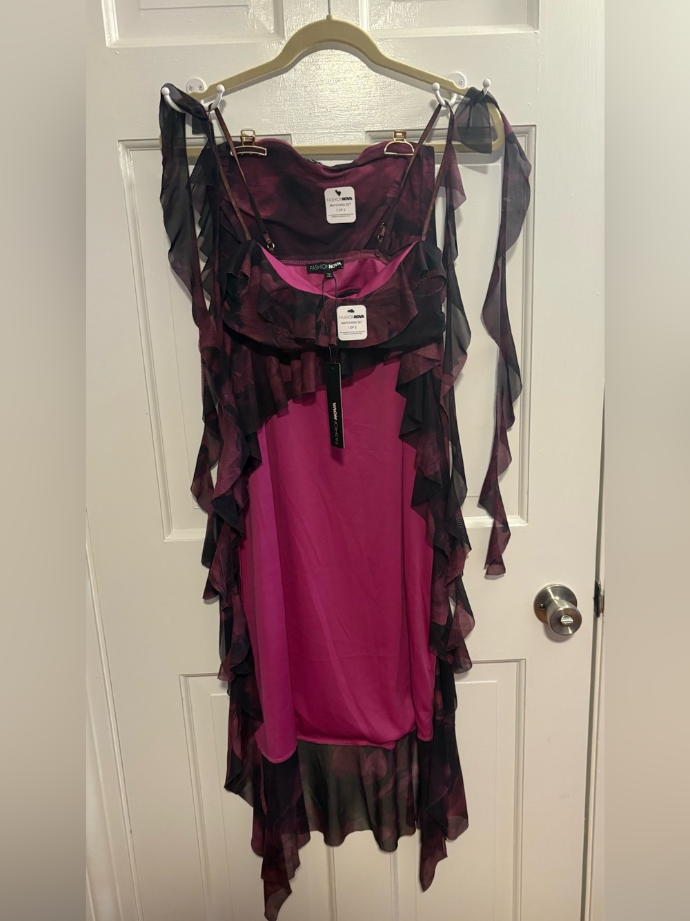 Fashion Nova Magenta and Black Ruffled Mesh Dress Set